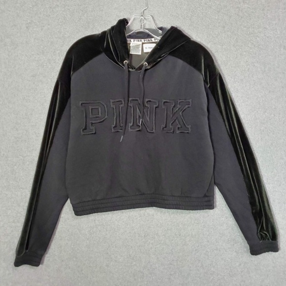PINK Victoria's Secret Women Sweatshirt Small Crop Velvet Hoodie Logo Embroidery